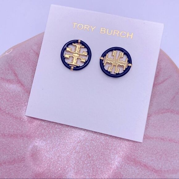 NWOT Tory Burch Gold DoubLe T With Black Enamel Trim Round Stud Earrings - Picture 5 of 10